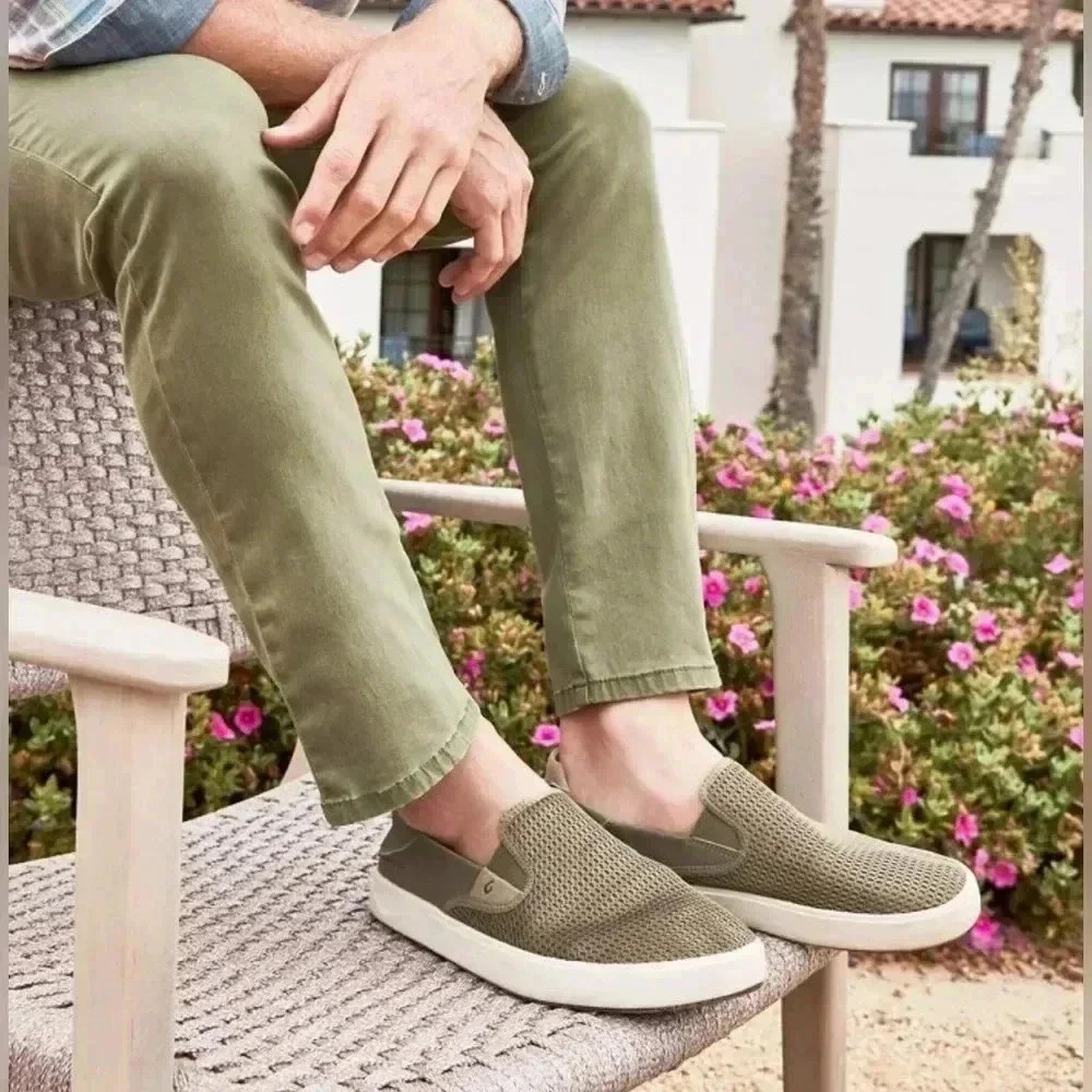 Olukai Pehuea Clay Khaki Green Perforated Textile Round Toe Slip On Sneakers